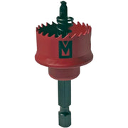 A red and dark green hole saw drill bit with a hex shank, shown on a plain white background.