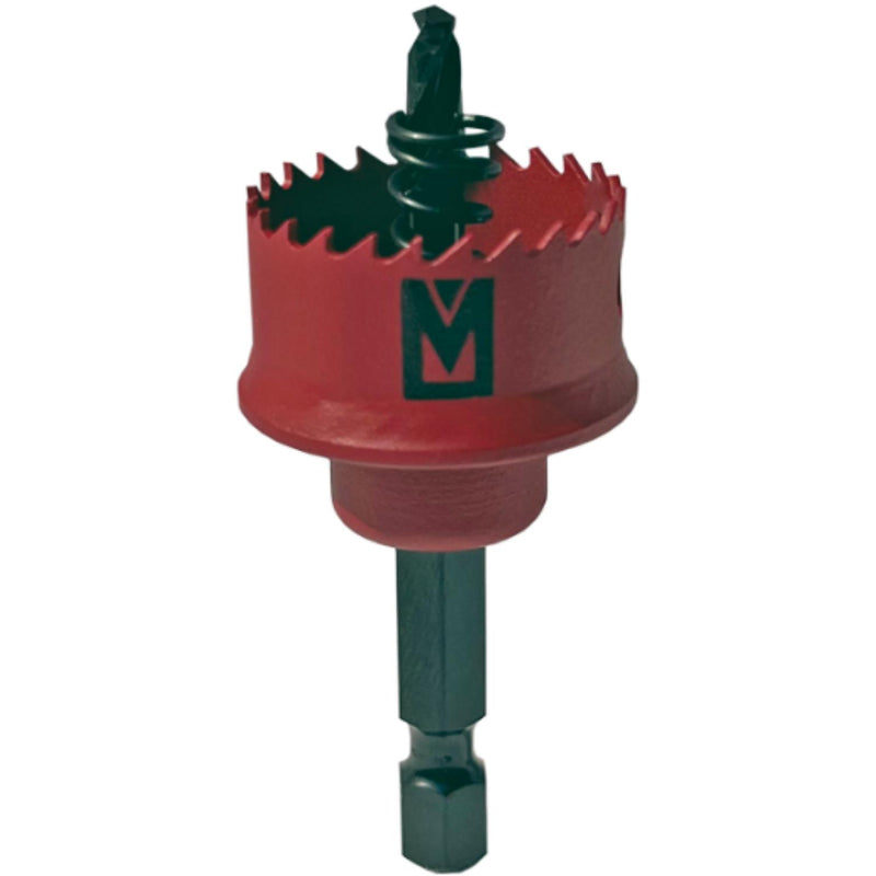 A red and dark green hole saw drill bit with a hex shank, shown on a plain white background.