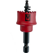 A red and black hole saw drill bit with a hex shank, shown against a plain white background.