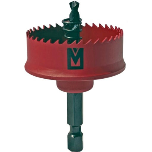 A red and dark green wide hole saw drill bit with a hex shank, shown on a solid white background.
