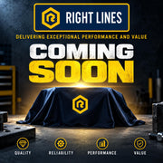 Promotional graphic for a product coming soon, featuring a dark blue draped cover with a yellow hexagonal logo on a workbench-like background. Large text reads 'RIGHT LINES' and 'COMING SOON,' with feature icons for quality, reliability, performance, and value along the bottom.