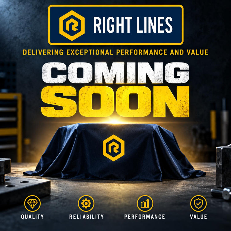 Promotional graphic for a product coming soon, featuring a dark blue draped cover with a yellow hexagonal logo on a workbench-like background. Large text reads 'RIGHT LINES' and 'COMING SOON,' with feature icons for quality, reliability, performance, and value along the bottom.
