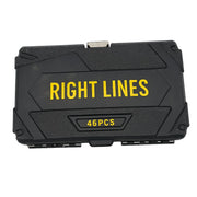 A black plastic storage case with yellow text reading 'RIGHT LINES' and '46 PCS' on a white background.