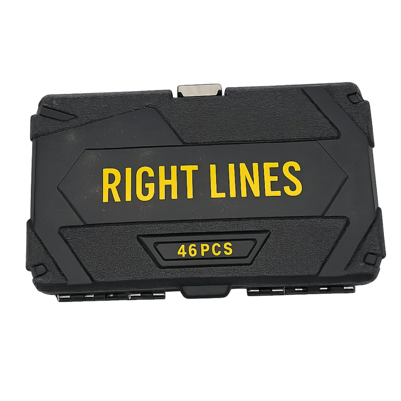 A black plastic storage case with yellow text reading 'RIGHT LINES' and '46 PCS' on a white background.