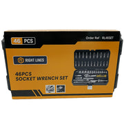 A 46-piece socket wrench set in its retail packaging, featuring a yellow and black box with the brand name 'RIGHT LINES' and product details.