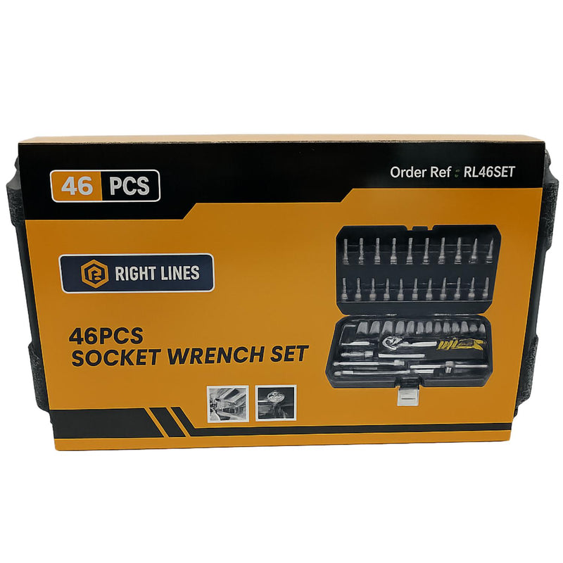 A 46-piece socket wrench set in its retail packaging, featuring a yellow and black box with the brand name 'RIGHT LINES' and product details.