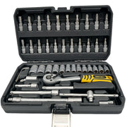 A 46-piece socket wrench set in a black plastic case, featuring a ratchet with a yellow and black handle, various socket sizes, and driver bits, photographed on a white background.