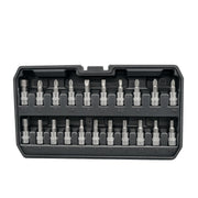 A 24-piece screwdriver bit set in a black plastic case, featuring various silver metal bits arranged in a grid on a white background.