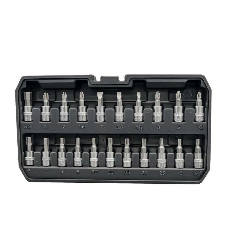 A 24-piece screwdriver bit set in a black plastic case, featuring various silver metal bits arranged in a grid on a white background.