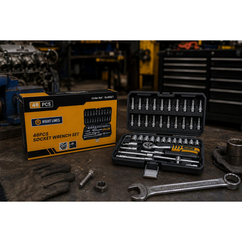 A 46-piece socket wrench set displayed on a workshop table, including the yellow and black retail box, an open black case with sockets and bits, a wrench, gloves, and hardware. The background shows a blurred garage or workshop environment.