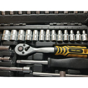 A socket wrench and socket set in a black plastic case, featuring silver metal sockets and tools with a yellow and black ratchet handle branded RIGHT LINES.