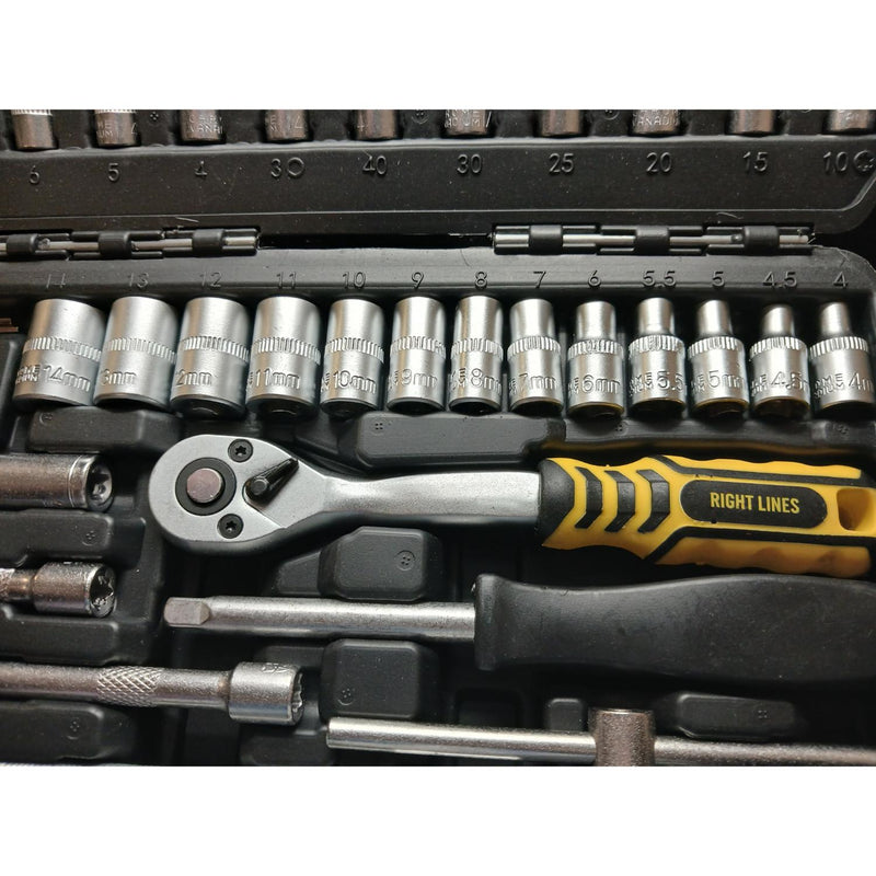 A socket wrench and socket set in a black plastic case, featuring silver metal sockets and tools with a yellow and black ratchet handle branded RIGHT LINES.