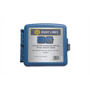 A blue plastic storage case with a clear lid, featuring a label for 'RIGHT_LINES' that reads '7 pcs M2 HSS Combination Drill Tap Bit Set, Titanium coated'.