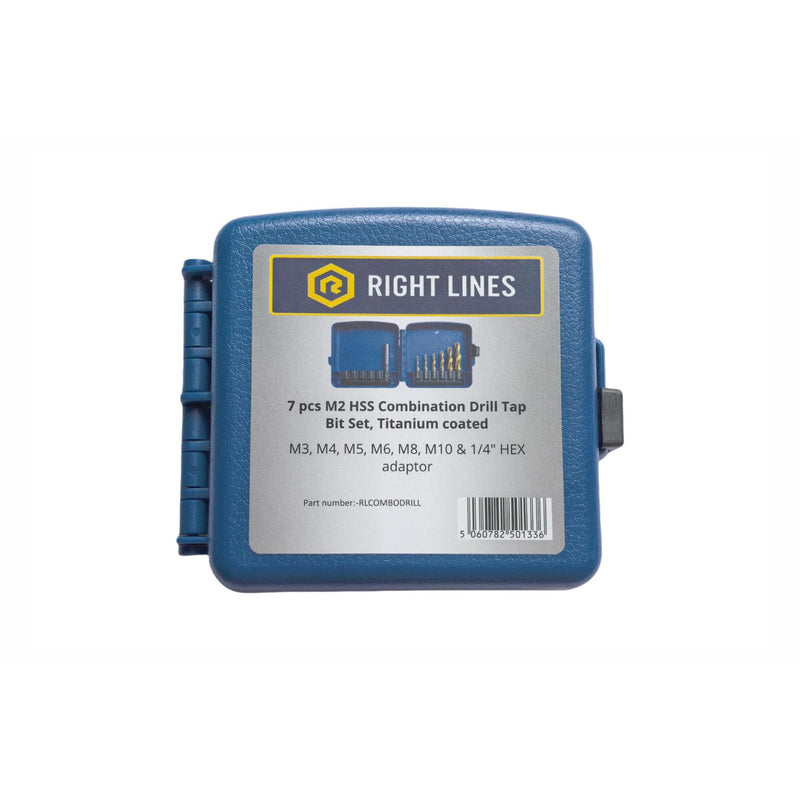 A blue plastic storage case with a clear lid, featuring a label for 'RIGHT_LINES' that reads '7 pcs M2 HSS Combination Drill Tap Bit Set, Titanium coated'.