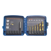 HHS Combination Drill Tap Bit Kit in a blue plastic case, showing various drill and tap bits organized inside on a white background.