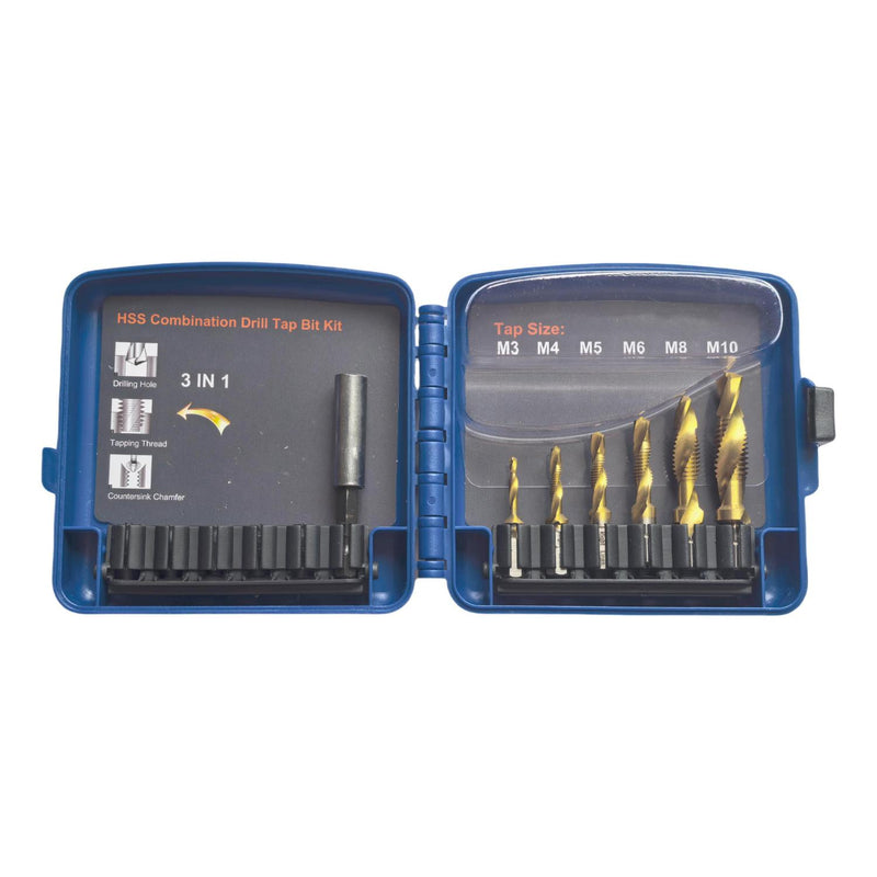 HHS Combination Drill Tap Bit Kit in a blue plastic case, showing various drill and tap bits organized inside on a white background.