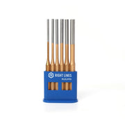 A set of six extra long pin punches with gold-colored shanks and silver-colored blades, organized in a blue plastic holder labeled 'RIGHT LINES' on a white background.