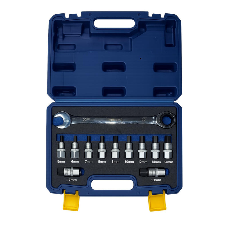 A 22mm wrench set in a blue plastic case with yellow latches, shown open on a white background. The set includes a 22mm open-end wrench and ten socket adapters in sizes 5mm through 19mm.