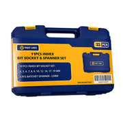 A 11-piece bit socket and spanner set in a blue and yellow plastic carrying case, labeled 'RIGHT LINES 11PCS INHEX BIT SOCKET & SPANNER SET'.