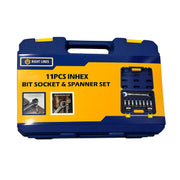 A 11-piece inhex bit socket and spanner set in a blue and yellow plastic carrying case, shown on a plain white background. The brand 'RIGHT LINES' is visible on the front label.