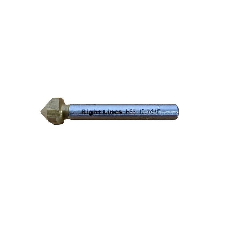A single metal cylindrical tool bit with a pointed conical end, shown horizontally on a plain white background. The shaft is silver metallic and printed with the text 'Right Lines - HSS 10.4x90°