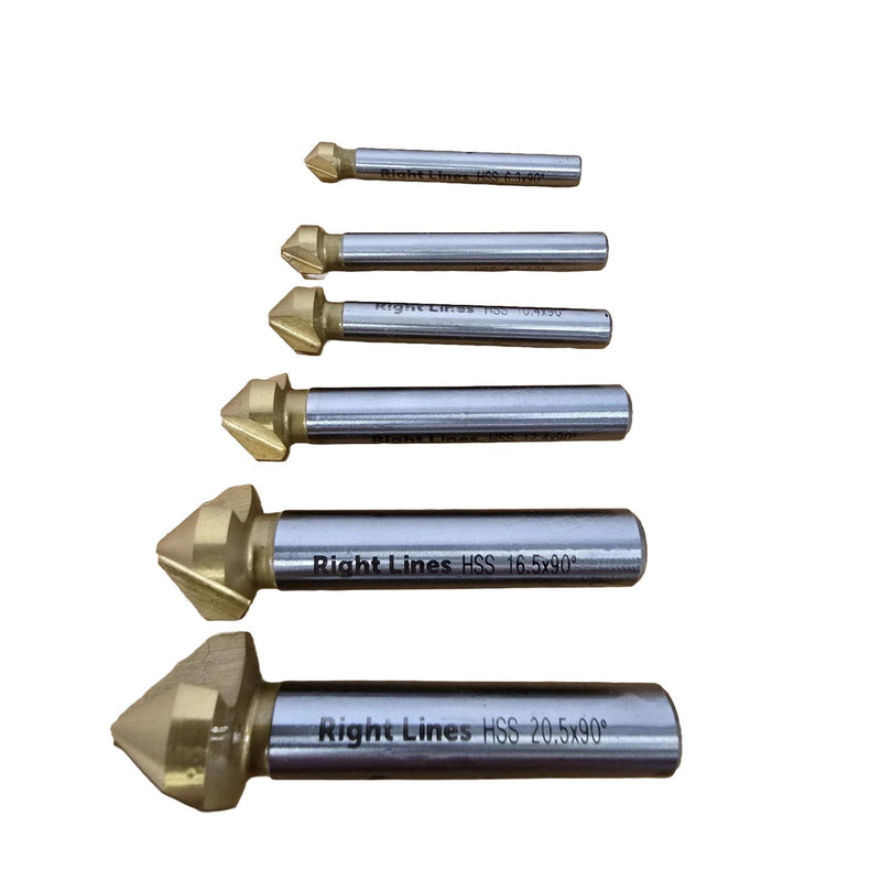 Six metal HSS burr bits of varying sizes arranged vertically on a plain white background. The bits have a polished silver body with a gold-colored cutting tip, and the text 'Right Lines' and 'HSS' is printed on each bit.