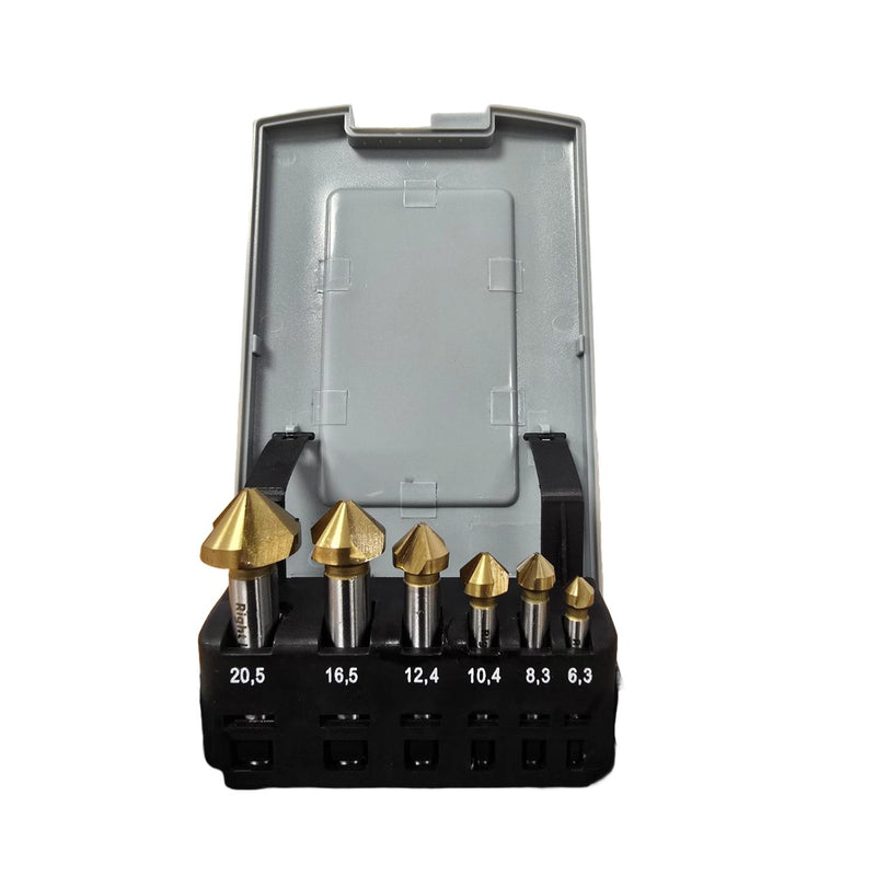 A set of seven metal rotary burr bits in graduated sizes, displayed in a black plastic holder with size labels, and an open gray plastic storage case behind them, on a white background.