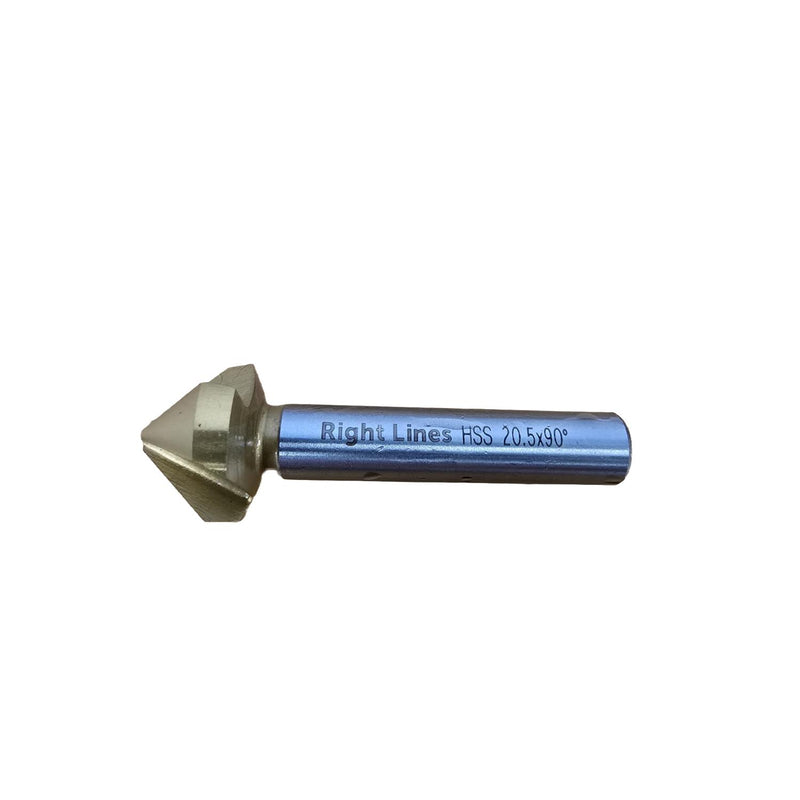 A single metal rotary burr tool with a blue-anodized shank and a silver conical cutting head, featuring 'Right Line HSS 20.5x90° text engraved on the shank, shown against a plain white background.