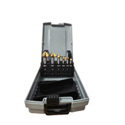 A set of seven rotary burr bits in varying sizes, displayed inside an open gray plastic carrying case with a black handle and foam insert.