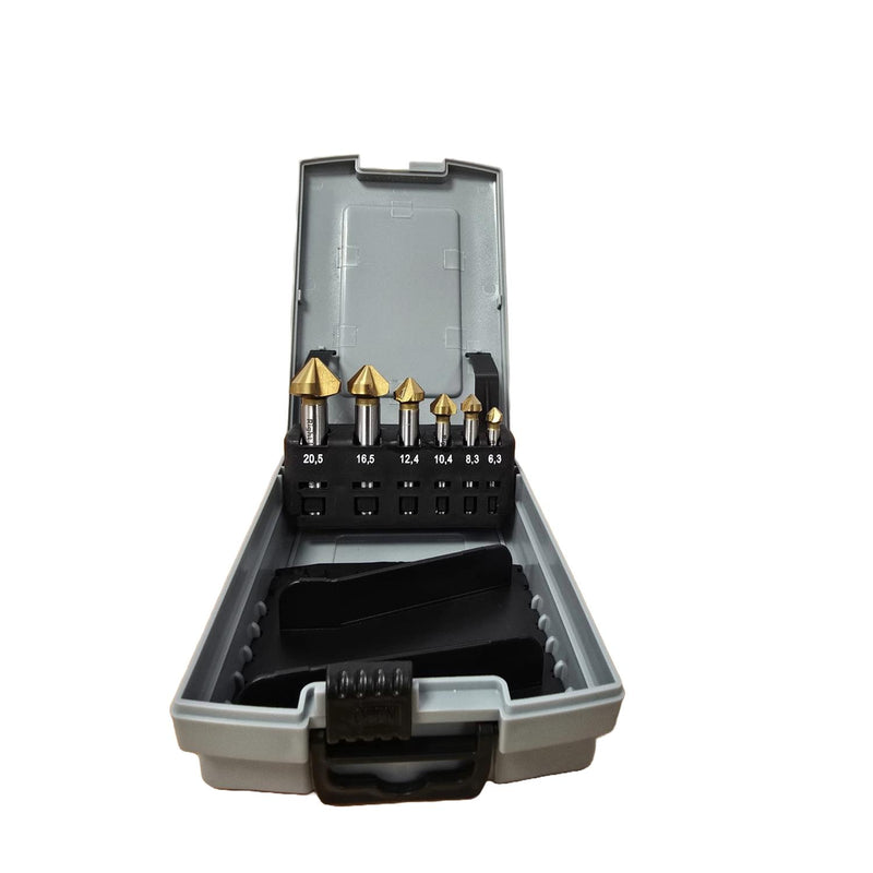 A set of seven rotary burr bits in varying sizes, displayed inside an open gray plastic carrying case with a black handle and foam insert.