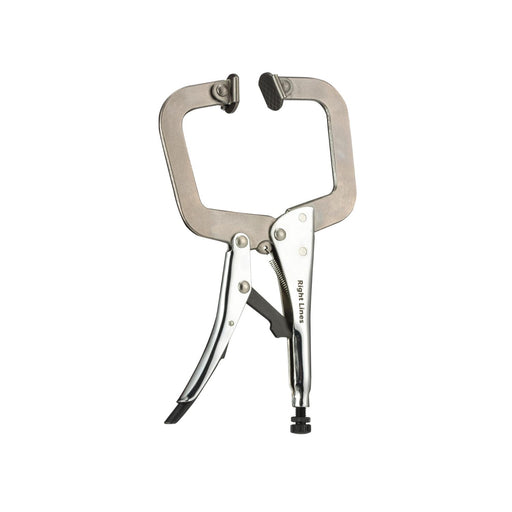 A silver metal lock clamp with black rubber pads and a visible 'Right Lines' brand mark on the hinge, isolated on a white background.