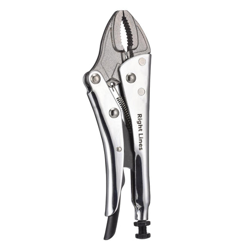 A silver metal locking pliers tool with black rubberized grips and a black adjustment knob, featuring the 'Right Lines' brand name printed on the handle, set against a plain white background.