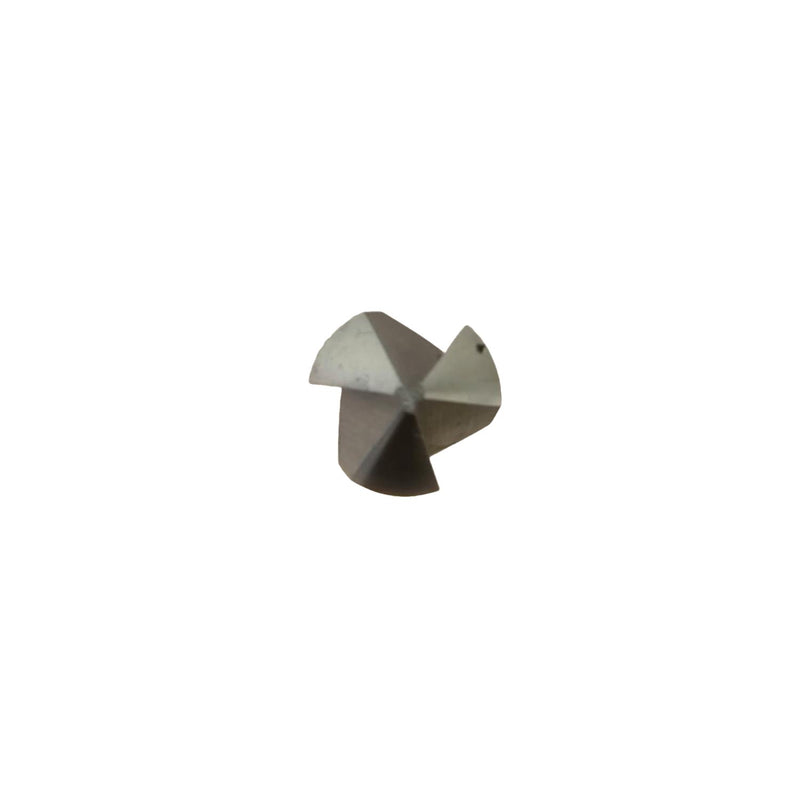 the tip of a right lines countersink centered on a solid white background with a soft reflection below.