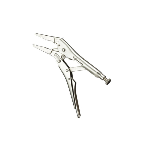 A pair of silver metal long nose locking pliers with serrated jaws and the brand name 'Right Lines' printed on the handle, shown against a plain white background.