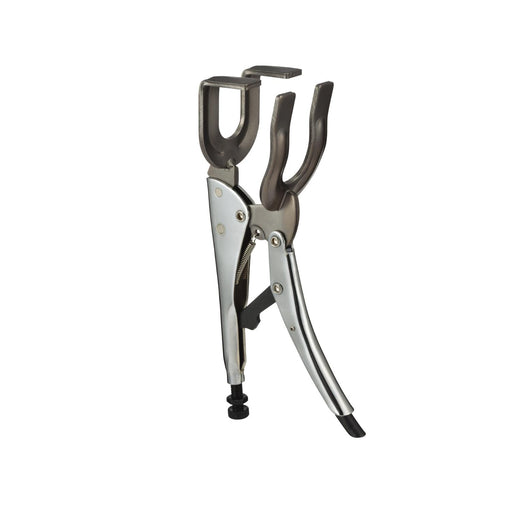A stainless U-shaped steel locking clamp tool with dark gray handles and black rubber tips, shown on a plain white background.