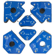 Six blue magnetic clamping tools with white printed angle markings and circular cutouts, arranged on a plain white background.