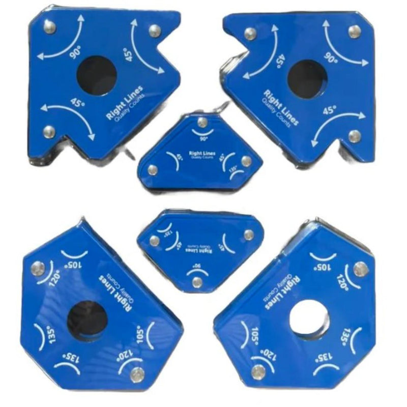 Six blue magnetic clamping tools with white printed angle markings and circular cutouts, arranged on a plain white background.