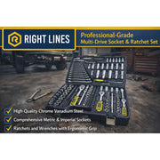 A black multi-drive socket and ratchet set displayed open in a garage setting, with a dark blue and yellow 'RIGHT LINES' banner at the top and feature callouts along the bottom.