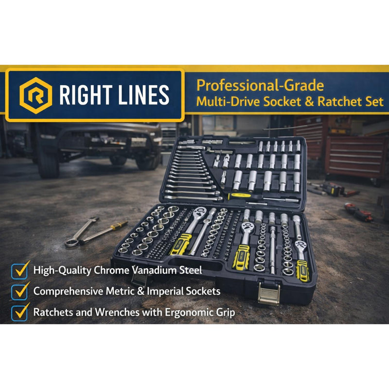 A black multi-drive socket and ratchet set displayed open in a garage setting, with a dark blue and yellow 'RIGHT LINES' banner at the top and feature callouts along the bottom.