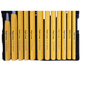 A set of yellow pin and chisel handles arranged in a black plastic case, with size labels printed on each bit.