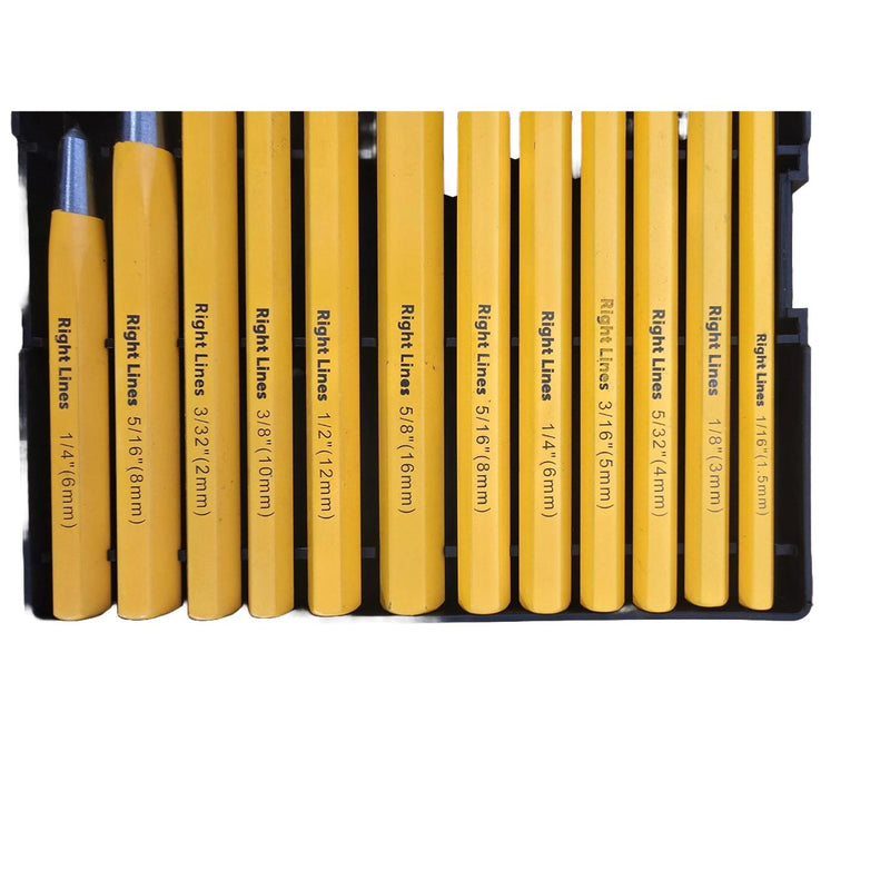 A set of yellow pin and chisel handles arranged in a black plastic case, with size labels printed on each bit.