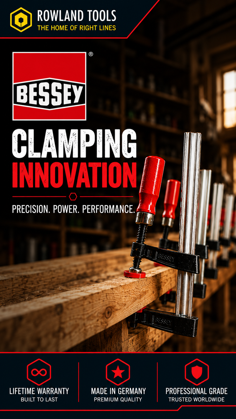 Promotional graphic for a Bessey clamping, showing a close-up of a black threaded drill bit cutting through wood with visible wood shavings. bessey clamps on a wooden edge. The design includes the Bessey logo, the text 'clamping innovation', and branding for Rowland Tools.