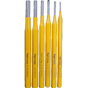Six yellow-handled right-angle line punches with silver metal tips, arranged vertically on a plain white background. Each handle is printed with its corresponding wire gauge size.