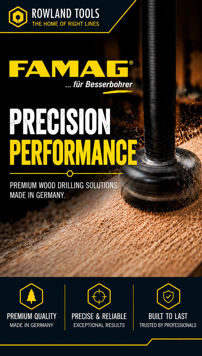 Promotional graphic for a FAMAG precision wood drilling tool, showing a close-up of a black threaded drill bit cutting through wood with visible wood shavings. The design includes the FAMAG logo, the text 'PRECISION PERFORMANCE', and branding for Rowland Tools.