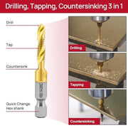A 3-in-1 drill, tapping, and countersinking drill bit with a gold-colored fluted shank and a silver quick-change hex shank, shown alongside three demonstration photos of the bit in use on a metal surface.