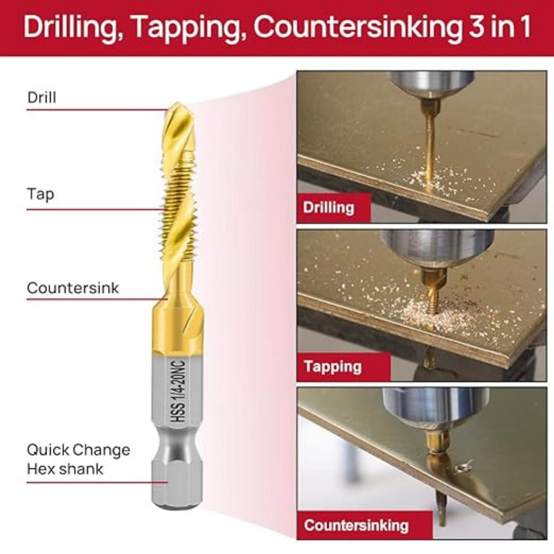 A 3-in-1 drill, tapping, and countersinking drill bit with a gold-colored fluted shank and a silver quick-change hex shank, shown alongside three demonstration photos of the bit in use on a metal surface.
