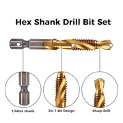 Hex Shank Drill Bit Set shown on a white background with three circular detail callouts below. The main product is a gold-colored threading tool with a dark gray hex shank, labeled 'Hex Shank Drill Bit Set' at the top.