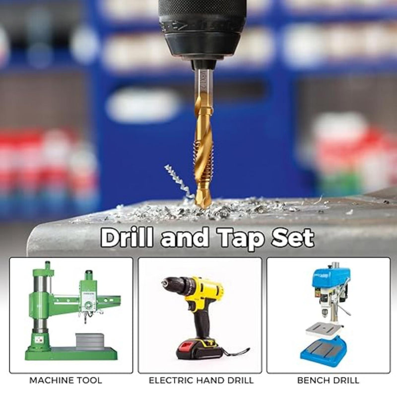 Drill and tap set promotional graphic showing a drill bit drilling into metal, with three inset product photos below labeled Machine Tool, Electric Hand Drill, and Bench Drill.