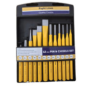 Set of 12 pin punches and chisels in a black plastic holder. branded right Lines on a white background 