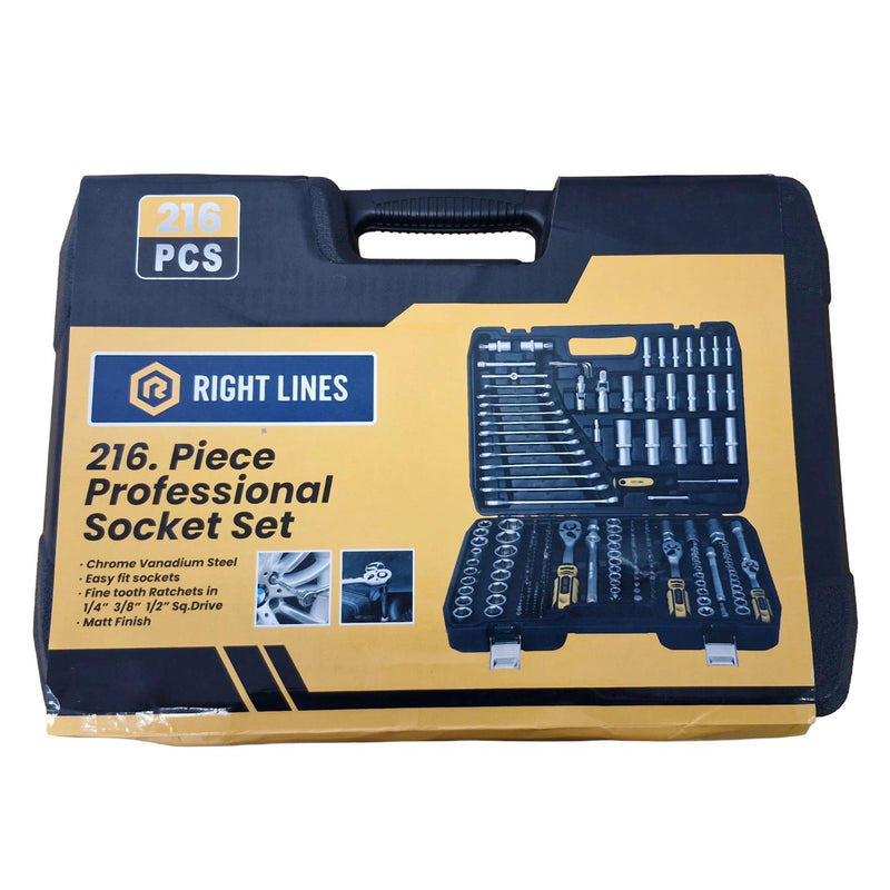 A 216-piece professional socket set in a black and yellow carrying case by Right Lines, shown on a plain white background.
